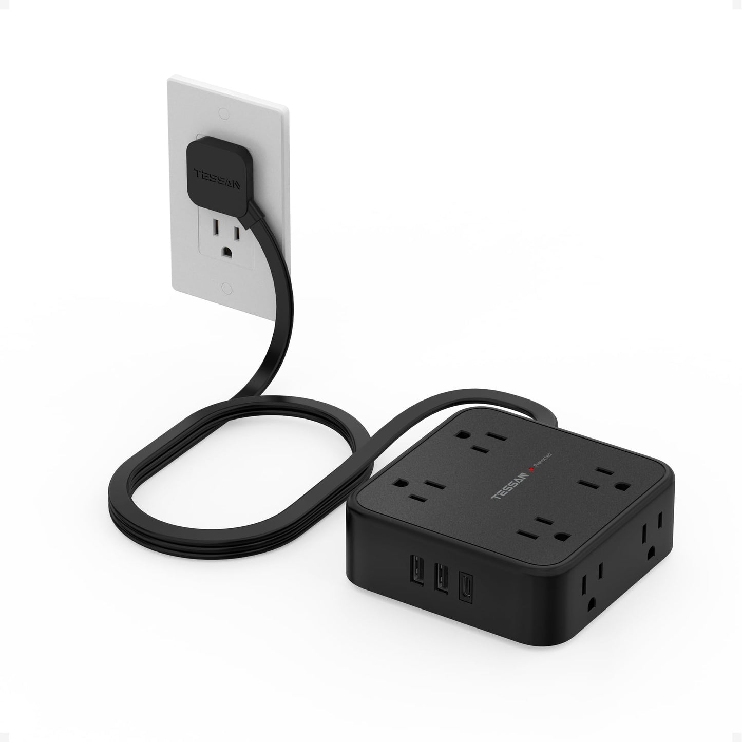 TESSAN Surge Protector Power Strip, 5 Ft Flat Plug Extension Cord with 3 USB (1 USB C) 8 Outlets, 1250W, 900J Protection, 3 Sided Outlet Extender with Power Switch for Office, Dorm Room, Grey