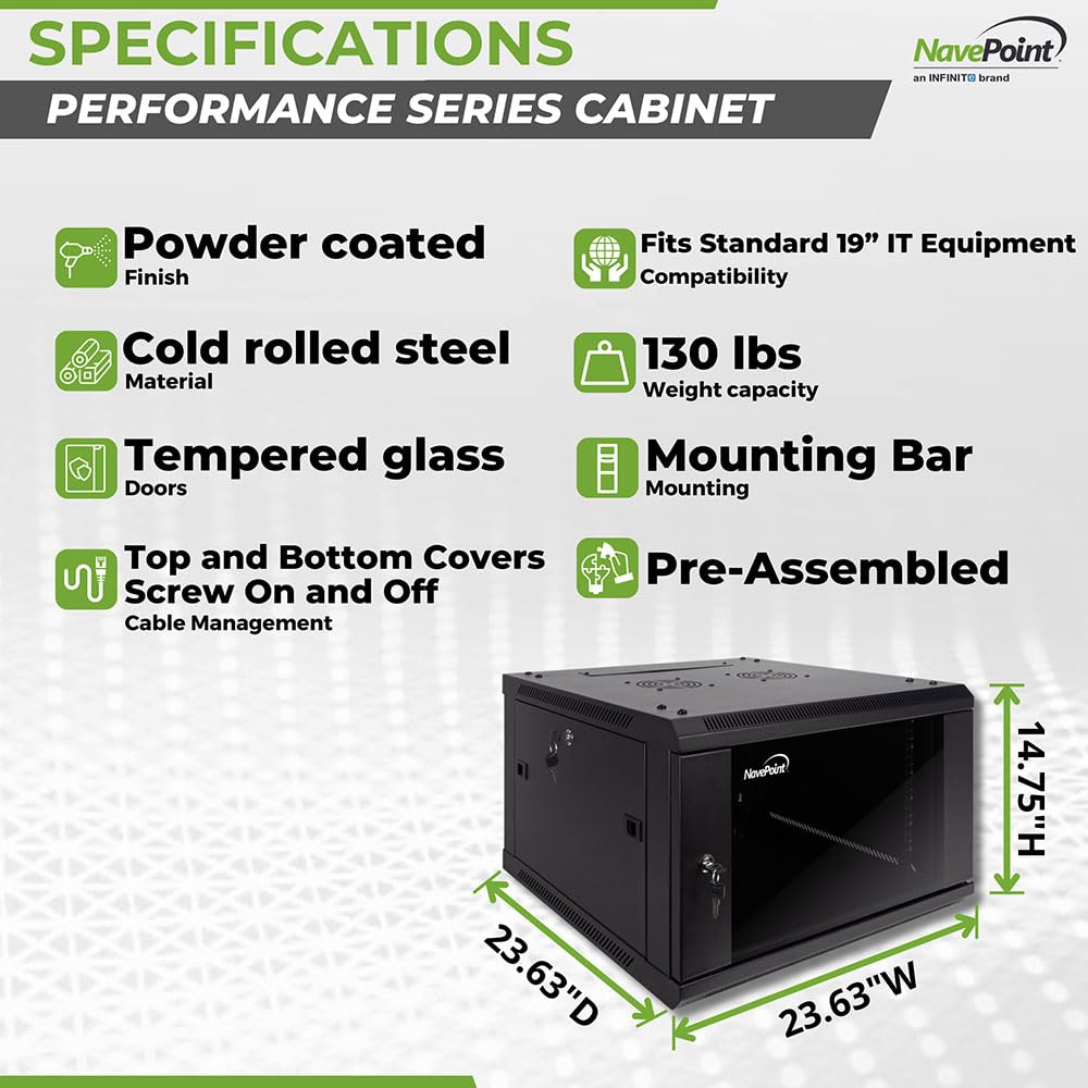 NavePoint 15U Server Cabinet Wall Mount Rack Enclosure with Caster Wheels, Includes 2 Fans, Locking Glass Door, Removable Side Panels – 15U Network Cabinet 17.7” Deep, 19”Server Rack for IT Equipment
