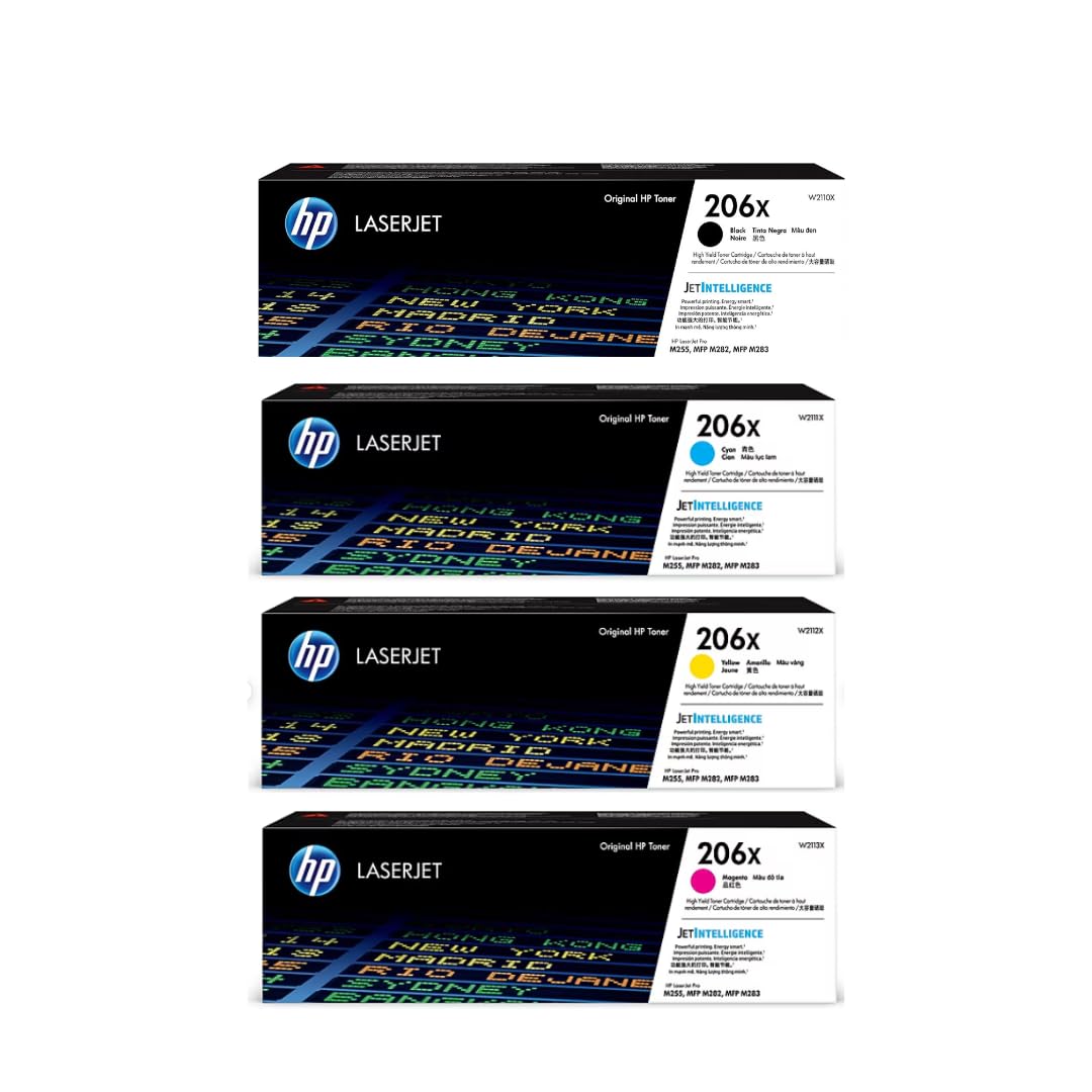 HP 206X High-Yield Toner Cartridge 4-Pack (Black, Cyan, Magenta, Yellow) | Compatible Color LaserJet Pro M255 & MFP M282/M283 Series Printers | W2110XQ1 Combo Pack