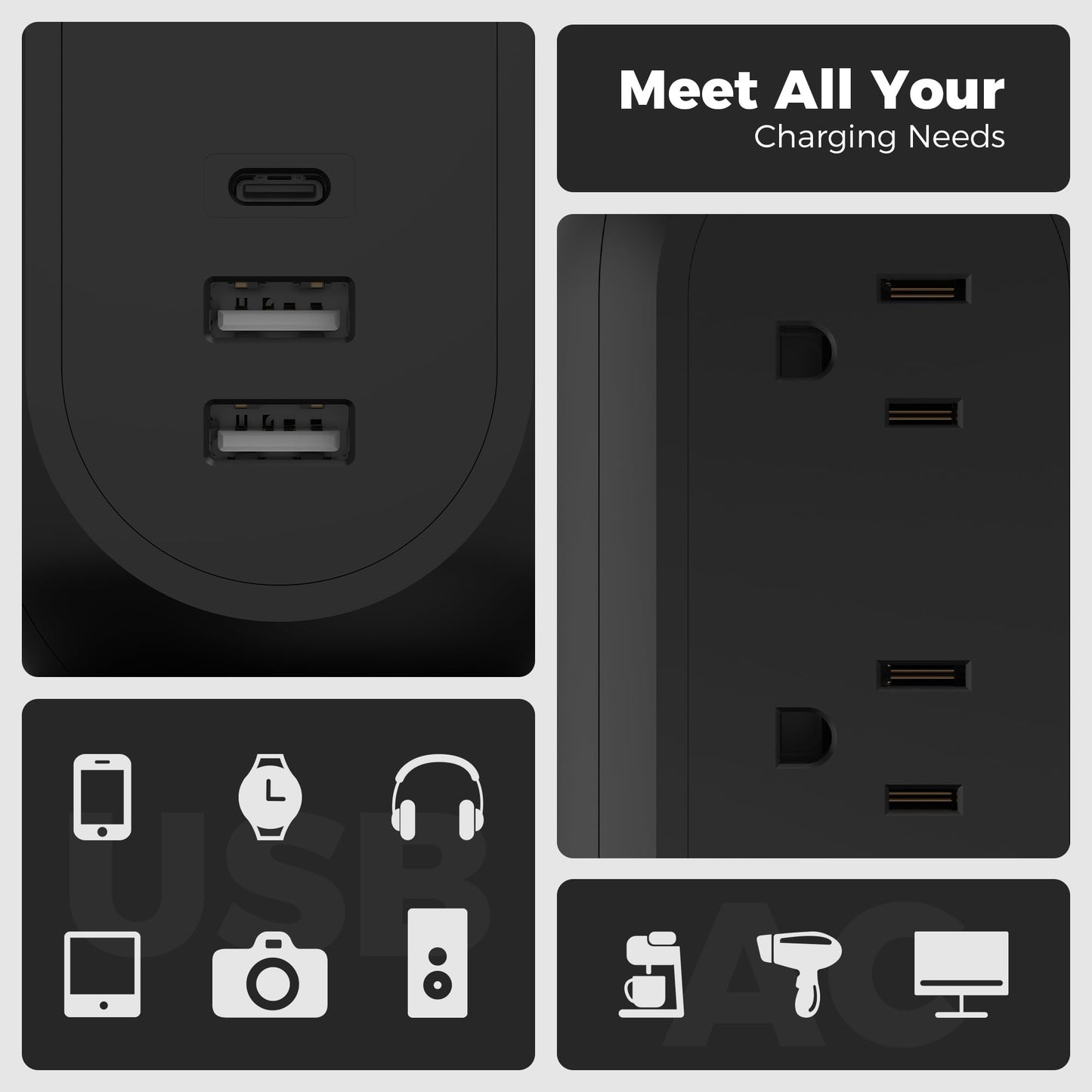 Tower Power Strip Flat Plug with 11 Outlets 3 USB (1 USB C), TESSAN Surge Protector Tower 1625W/13A,1050J Protection, 6 Feet Extension Cord with Multiple Outlets, Office Desk Supplies, Dorm Essentials