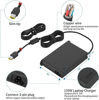 135W AC Charger Compatible with Lenovo ThinkPad X1 Extreme Gen 1 2 3 4 5 W540 W541 T440 T440S T440P T470P T540p T15p Ideapad Yoga Y50-70 Y50-80 Y50p Y50p-70 Y50c Laptop Power Supply Adapter