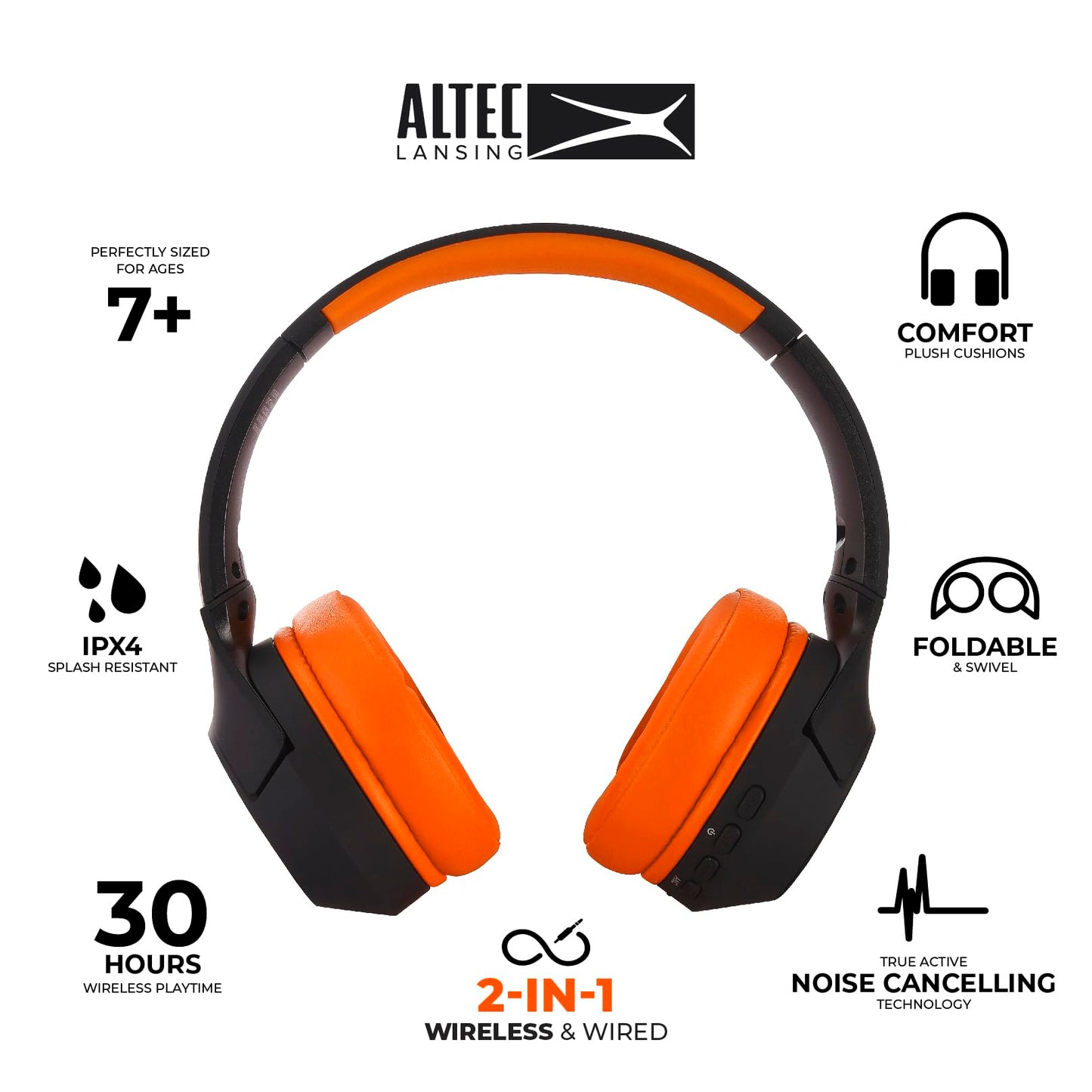 Altec Lansing Kid Safe Noise Cancelling Wireless Headphones 15H Battery, 85dB Volume Limit, Foldable Design Powerful Sound, Active Noise Cancellation Perfect for Kids Ages 7+ (Whiteout Pop Pink)