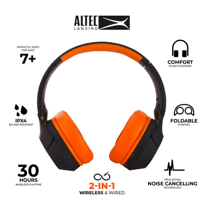Altec Lansing Kid Safe Noise Cancelling Wireless Headphones 15H Battery, 85dB Volume Limit, Foldable Design Powerful Sound, Active Noise Cancellation Perfect for Kids Ages 7+ (Whiteout Pop Pink)