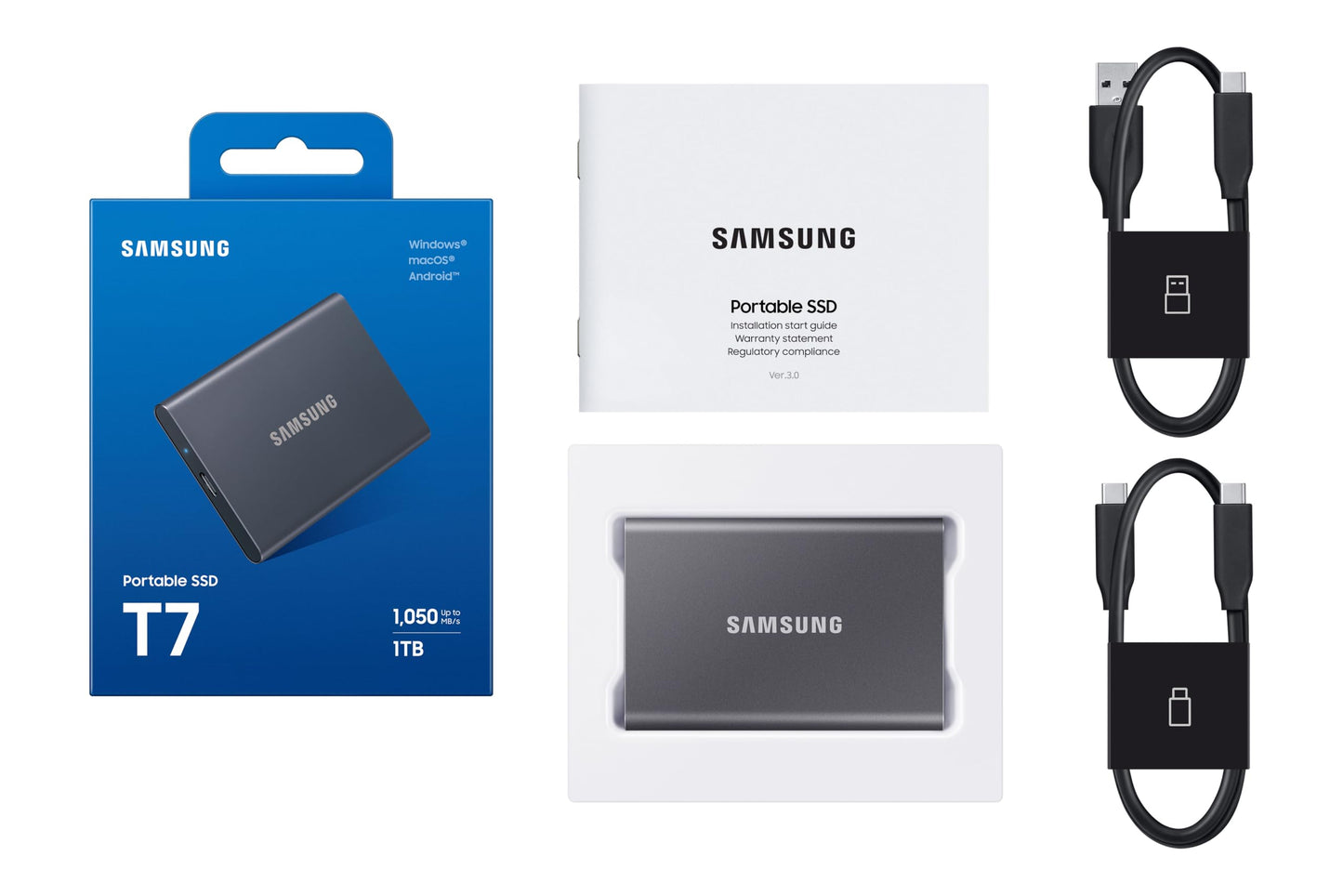 Samsung T7 Portable SSD, 1TB External Solid State Drive, Speeds Up to 1,050MB/s, USB 3.2 Gen 2, Reliable Storage for Gaming, Students, Professionals, MU-PC1T0T/AM, Gray