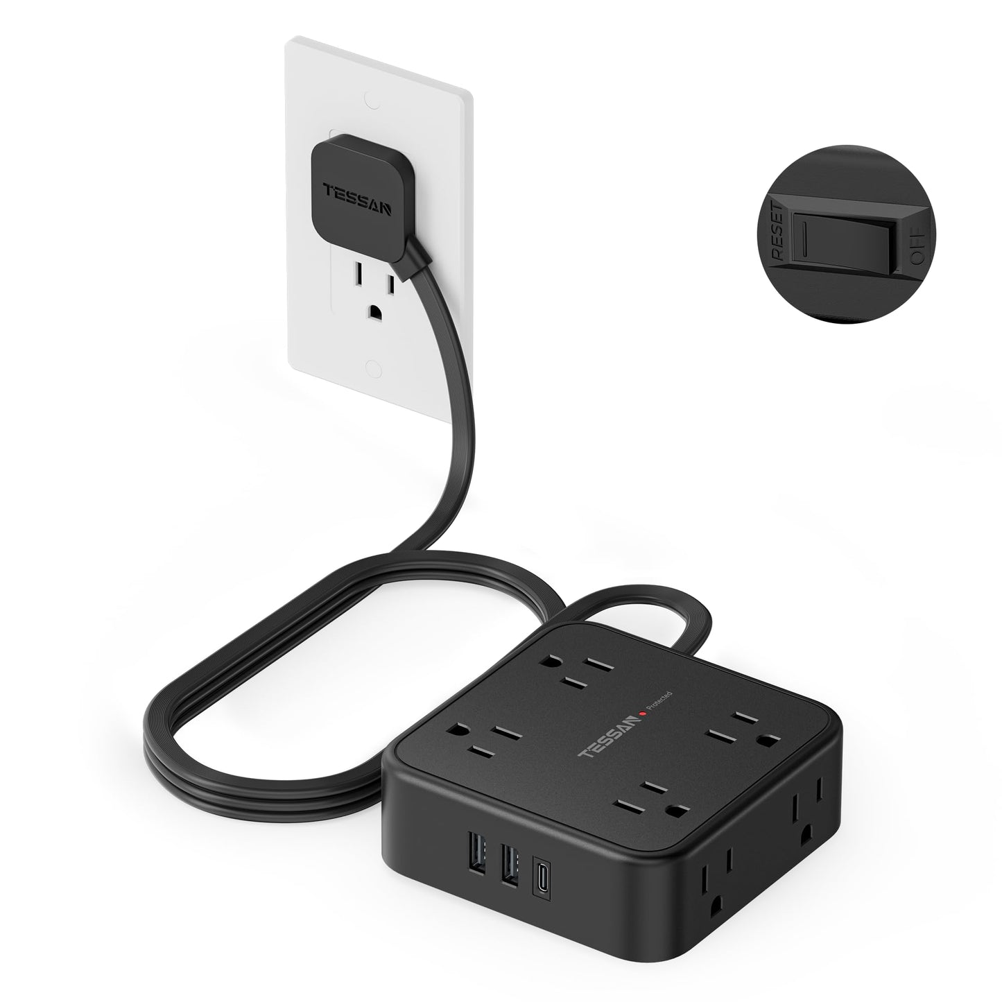 TESSAN Surge Protector Power Strip, 5 Ft Flat Plug Extension Cord with 3 USB (1 USB C) 8 Outlets, 1250W, 900J Protection, 3 Sided Outlet Extender with Power Switch for Office, Dorm Room, Grey