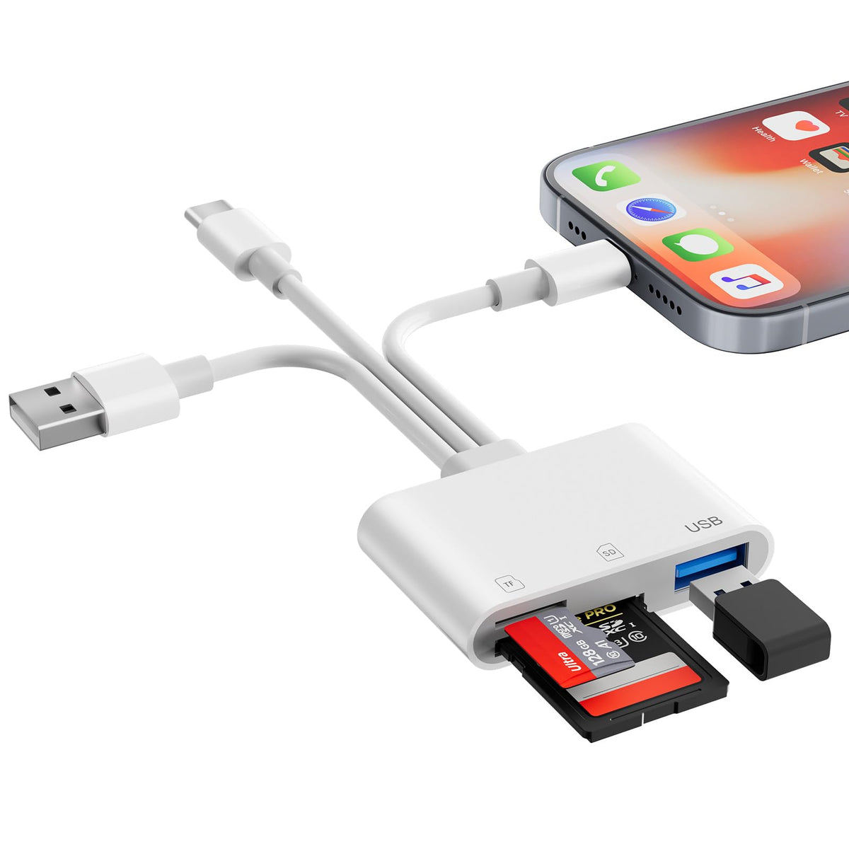 SD Card Reader for iPhone iPad, USB C & Lightning Dual Interface Memory Card Reader, Digital Camera Adapter to iPhone/MacBook/USBC Laptop for SD/TF/Sim Card, Plug & Play, Camera Accessories