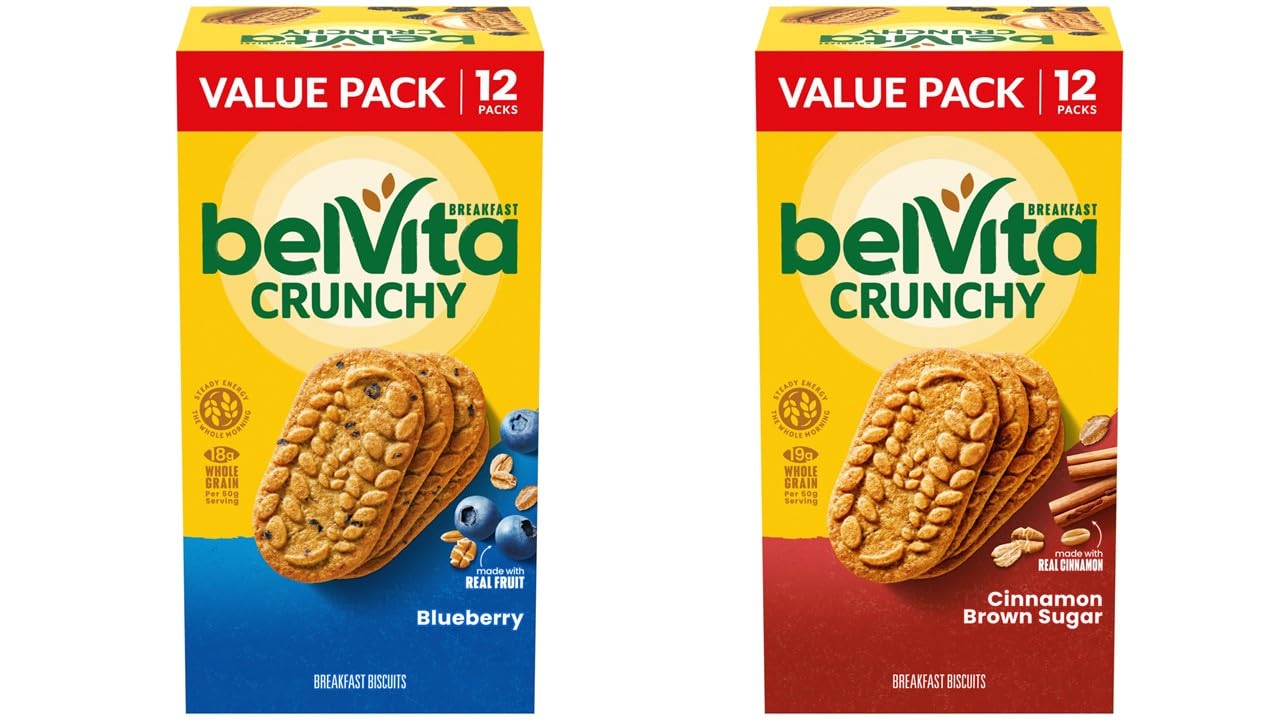 belVita Breakfast Biscuits Variety Pack, Blueberry and Cinnamon Brown Sugar, Value Pack, 24 Total Packs, 2 Boxes (4 Biscuits Per Pack)