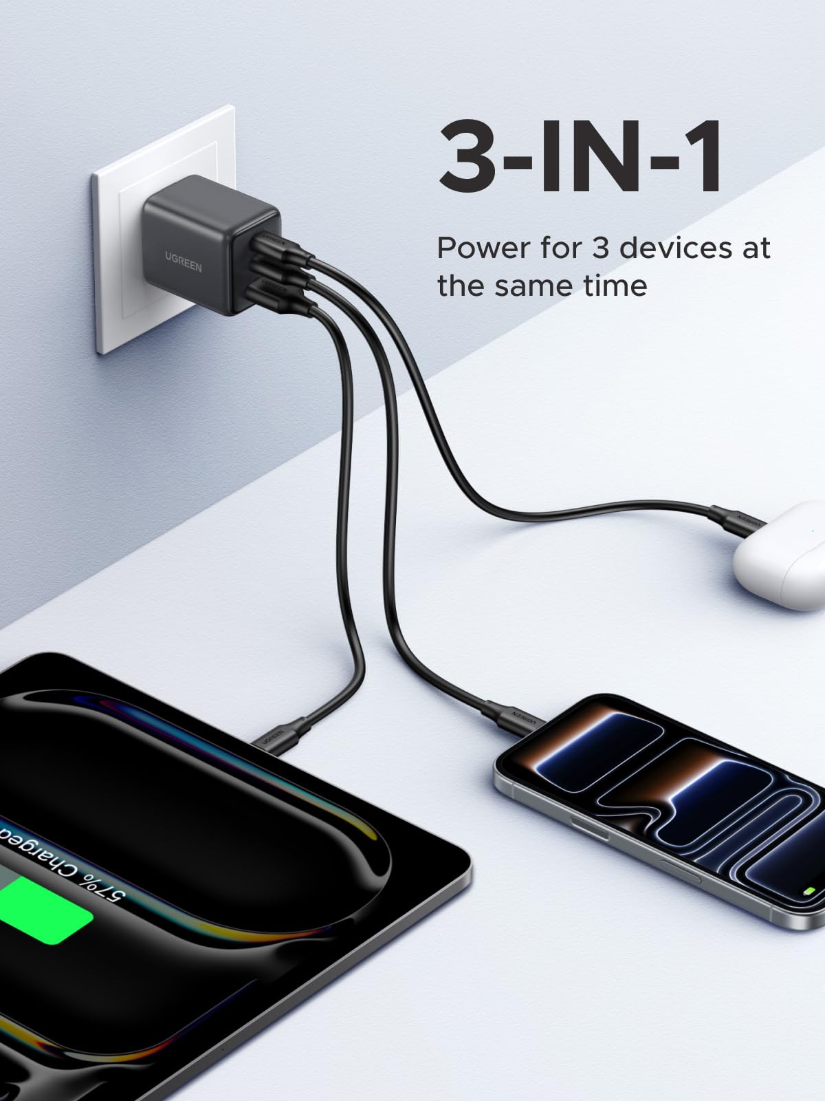 UGREEN 3-Port 30W USB C Charger, GaN II Compact iPhone Charger Fast Charging, Type C Power Adapter for iPhone 17/16/15 Series, Galaxy S26/S25/24, iPad, MacBook Neo/Air, Matt Black