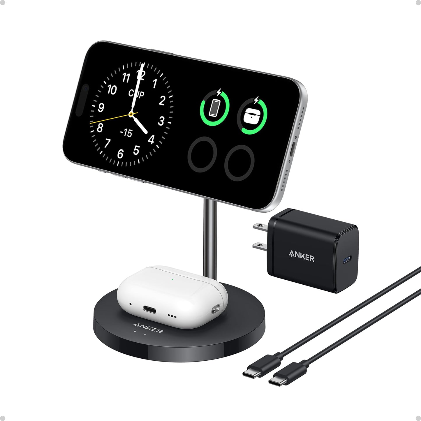 Anker MagSafe Compatible MagGo Charger Stand, iPhone 17 Wireless Charger, 2-in-1 Charging Station, Qi2 Certified 15W Fast Charging, for iPhone 17/16/15/14/13/12, AirPods Pro (Black, No Adapter)