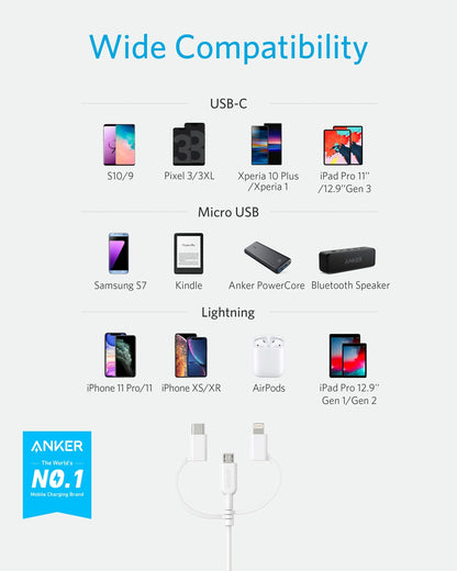 Anker Powerline II 3-in-1 Cable, Lightning/Type C/Micro USB Cable for iPhone, iPad, Huawei, HTC, LG, Samsung Galaxy, Sony Xperia, Android Smartphones, and More(3ft, White)