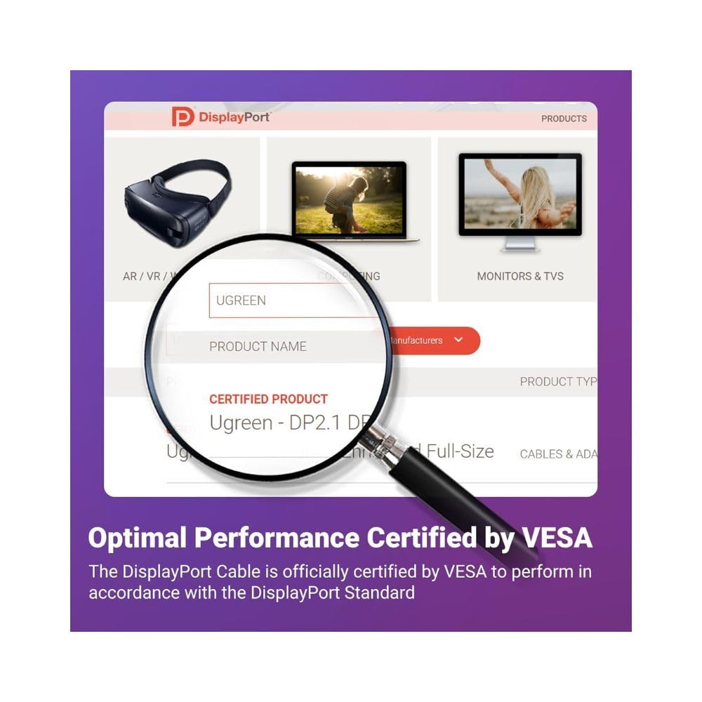 UGREEN 16K 6.6FT DisplayPort Cable 2.1 [VESA Certified] DP 2.1 40Gbps Support 8K@240Hz 1080P@540Hz HDR, HDCP, DSC 1.2a, Braided Display Port Cable Cord Compatible FreeSync G-Sync Video Card Monitor