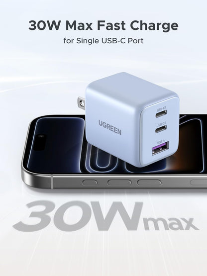 UGREEN 3-Port 30W USB C Charger, GaN II Compact iPhone Charger Fast Charging, Type C Power Adapter for iPhone 17/16/15 Series, Galaxy S26/S25/24, iPad, MacBook Neo/Air, Matt Black