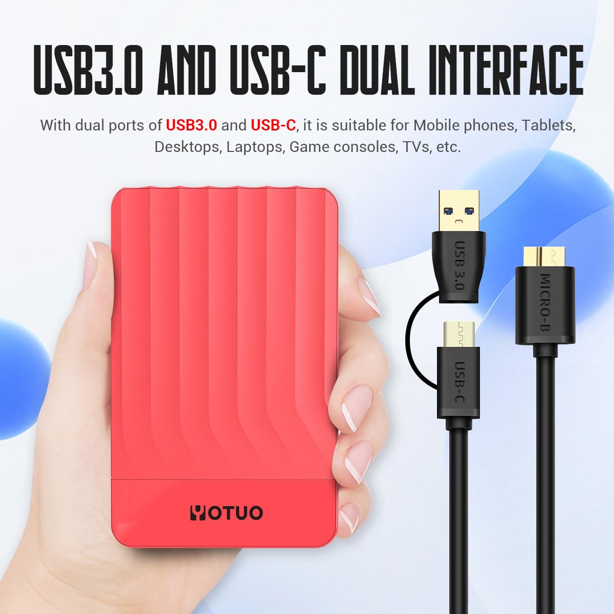 YOTUO 500GB External Hard Drive, Portable Storage Expansion HDD, USB 3.0 & USB-C for PC, Mac, Desktop, Laptop, Smartphone, PS4, Xbox One, Xbox 360, Office & Game Black