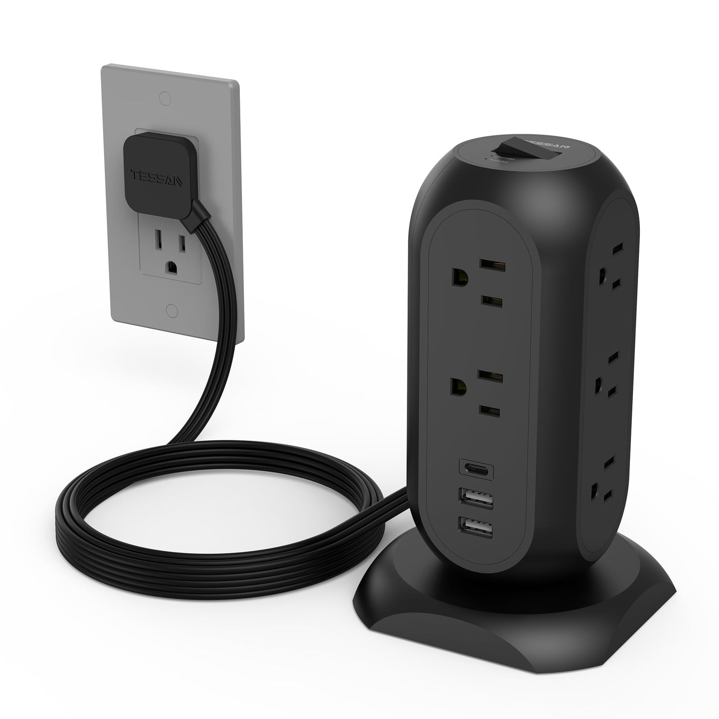 Tower Power Strip Flat Plug with 11 Outlets 3 USB (1 USB C), TESSAN Surge Protector Tower 1625W/13A,1050J Protection, 6 Feet Extension Cord with Multiple Outlets, Office Desk Supplies, Dorm Essentials