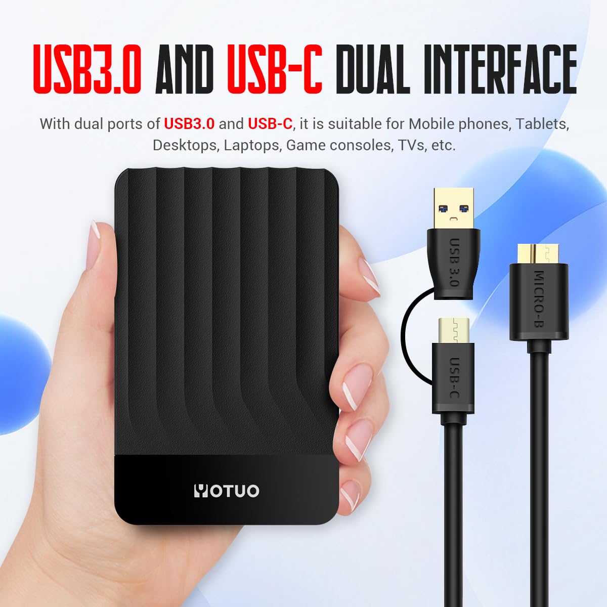 YOTUO 500GB External Hard Drive, Portable Storage Expansion HDD, USB 3.0 & USB-C for PC, Mac, Desktop, Laptop, Smartphone, PS4, Xbox One, Xbox 360, Office & Game Black