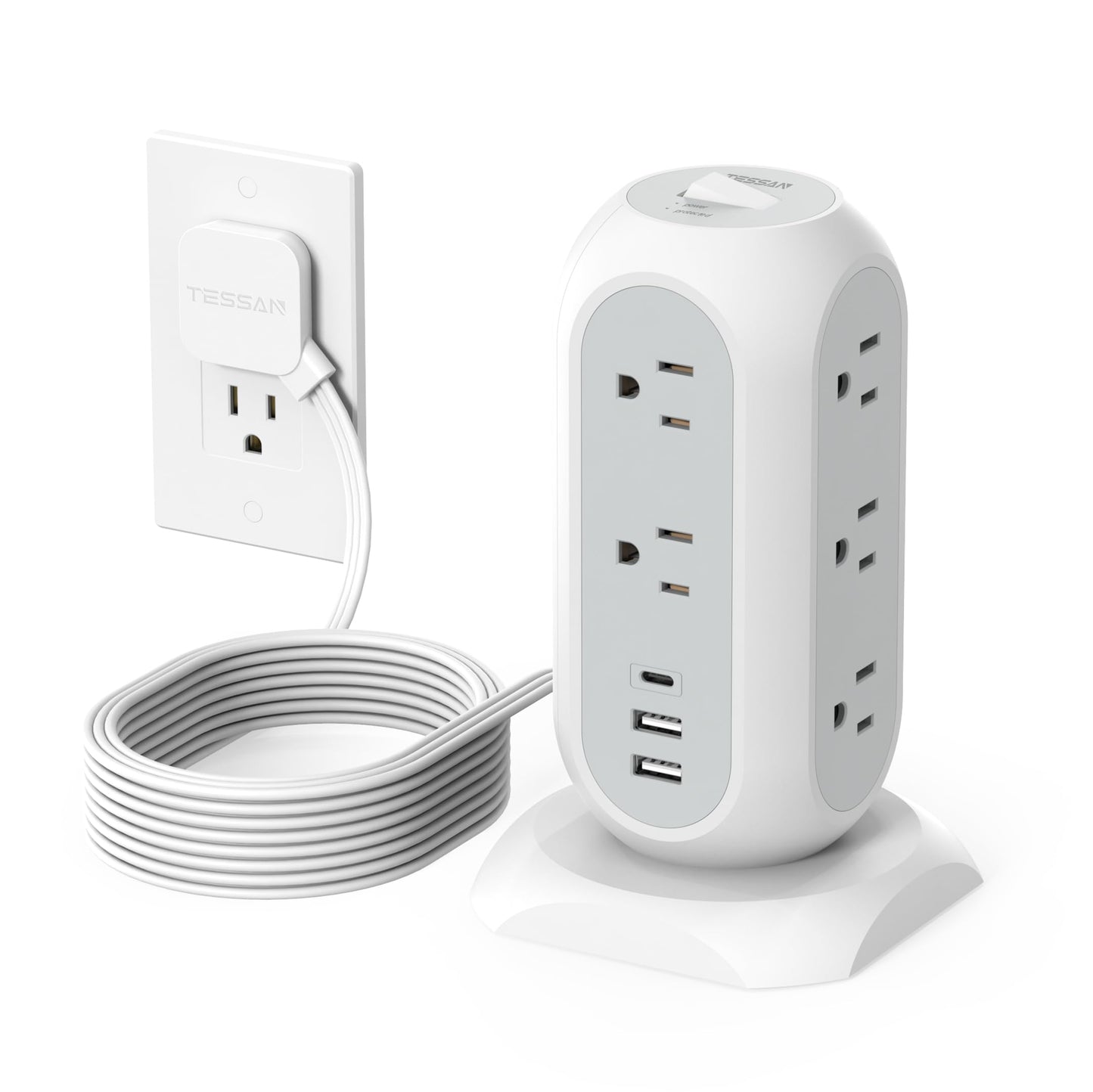 Tower Power Strip Flat Plug with 11 Outlets 3 USB (1 USB C), TESSAN Surge Protector Tower 1625W/13A,1050J Protection, 6 Feet Extension Cord with Multiple Outlets, Office Desk Supplies, Dorm Essentials