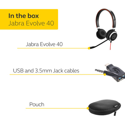 Jabra Evolve 40 Professional Wired Headset, Stereo, MS-Optimized – Telephone Headset for Greater Productivity, Superior Sound for Calls and Music, 3.5mm Jack/USB Connection, All-Day Comfort Design