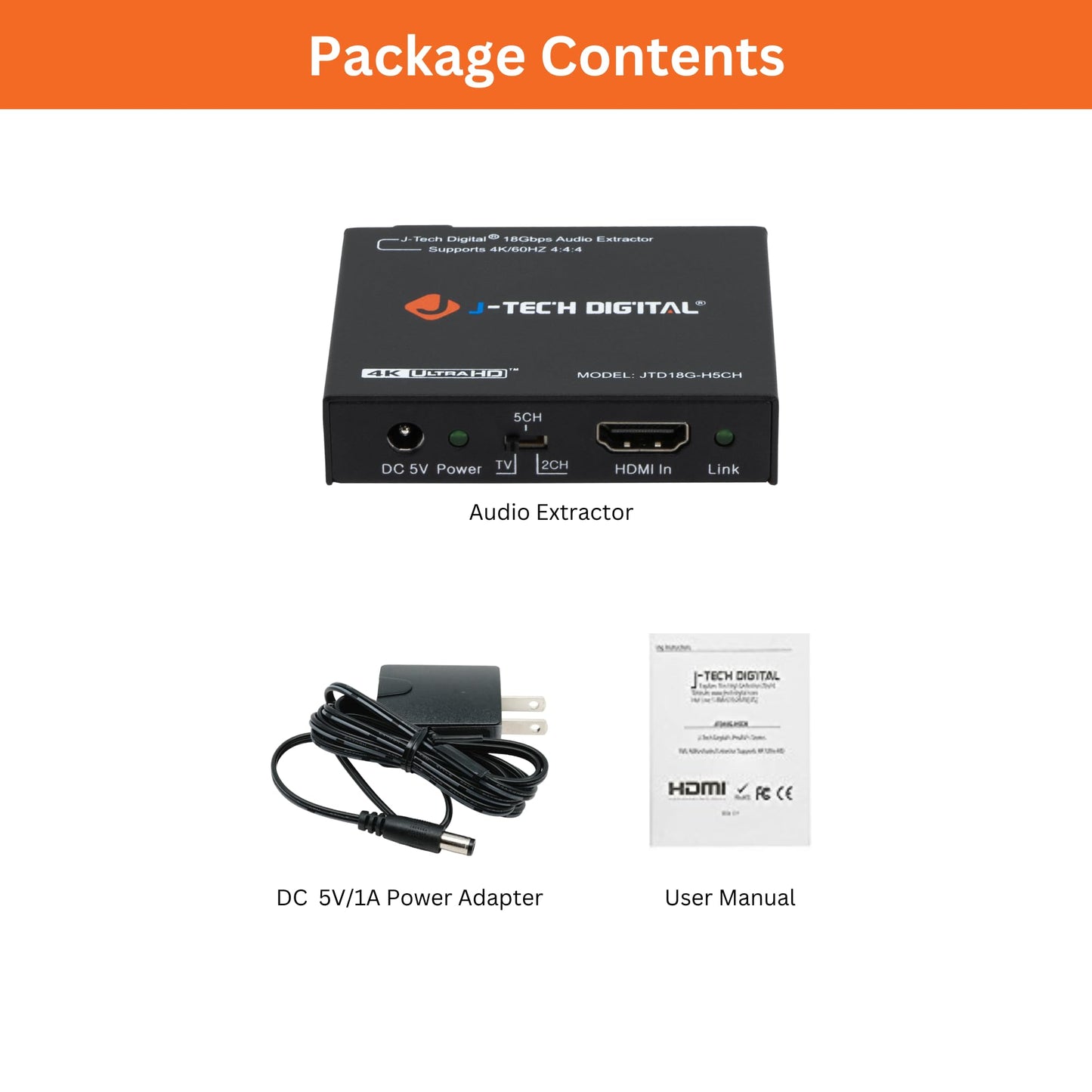 J-Tech Digital Premium Quality 1080P HDMI To HDMI + Audio (SPDIF + RCA Stereo) Audio Extractor Converter (JTDAT5CH)