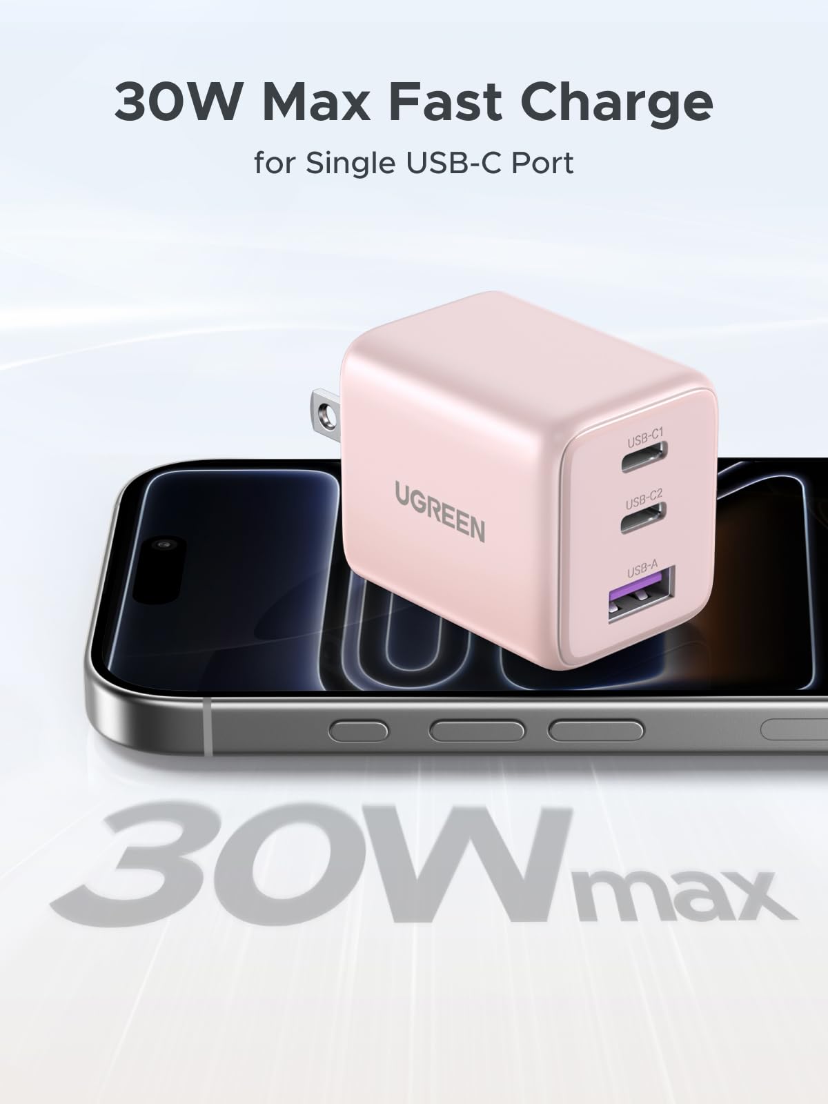 UGREEN 3-Port 30W USB C Charger, GaN II Compact iPhone Charger Fast Charging, Type C Power Adapter for iPhone 17/16/15 Series, Galaxy S26/S25/24, iPad, MacBook Neo/Air, Matt Black