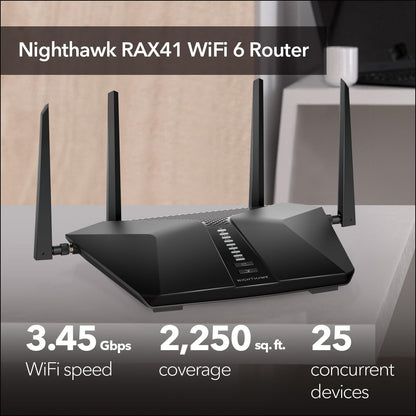 NETGEAR Nighthawk WiFi 6 Router (RAX36) – Router Only, AX3000 3 Gbps Wireless Speed – Dual-Band Gigabit Internet – Covers 2,000 sq. ft., 25 Devices – Built-in VPN, USB 3.0, Gaming