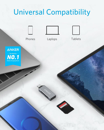 Anker USB 3.0 Micro SD Card Reader, 5Gbps 2-in-1 SD Card Reader to USB Adapter for SDXC, SDHC, MMC, RS-MMC, Micro SDXC, Micro SD, Micro SDHC, UHS-I Cards - USB A CardReader