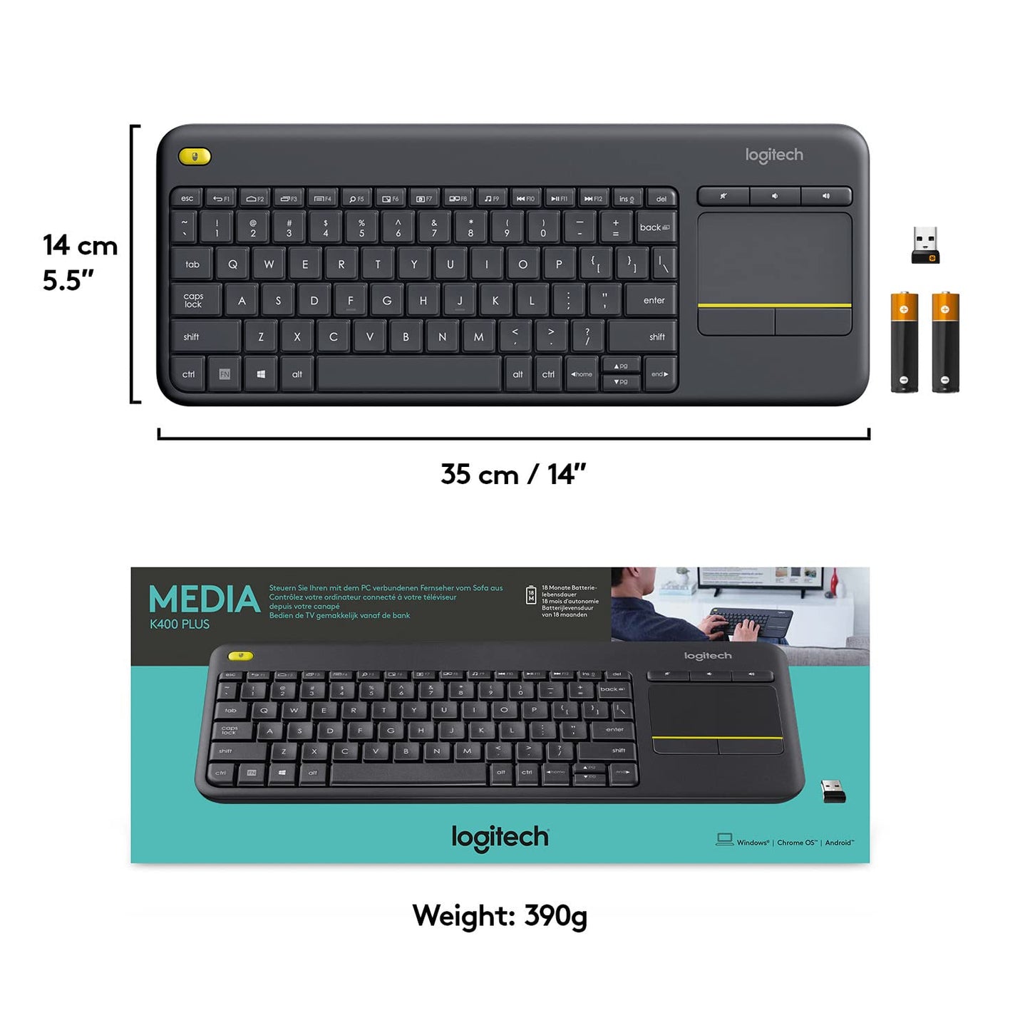 Logitech K400 Plus Wireless Touch TV Keyboard with Easy Media Control and Built-in Touchpad, HTPC Keyboard for PC-Connected TV, Windows, Android, ChromeOS, Laptop, Tablet - Black