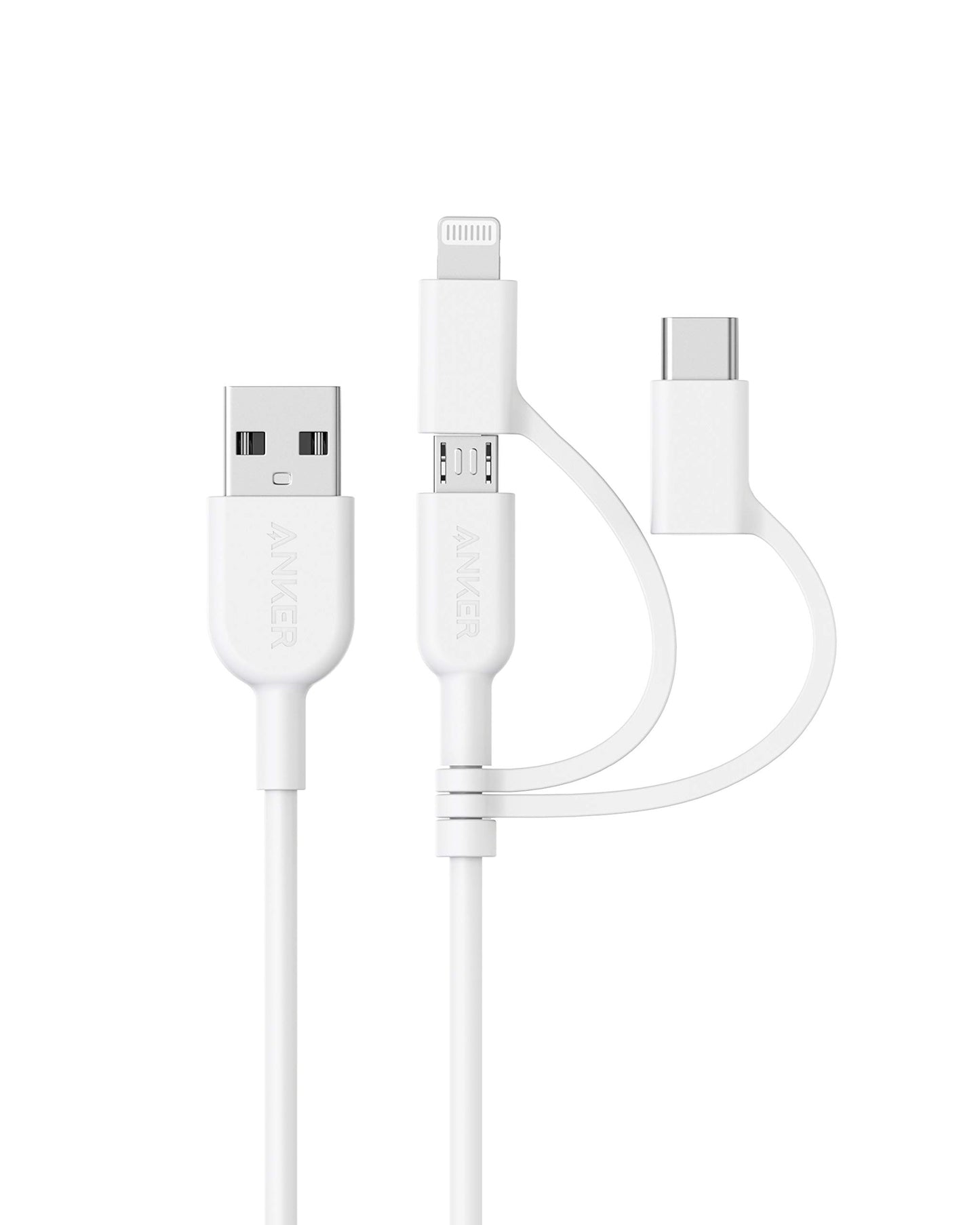 Anker Powerline II 3-in-1 Cable, Lightning/Type C/Micro USB Cable for iPhone, iPad, Huawei, HTC, LG, Samsung Galaxy, Sony Xperia, Android Smartphones, and More(3ft, White)