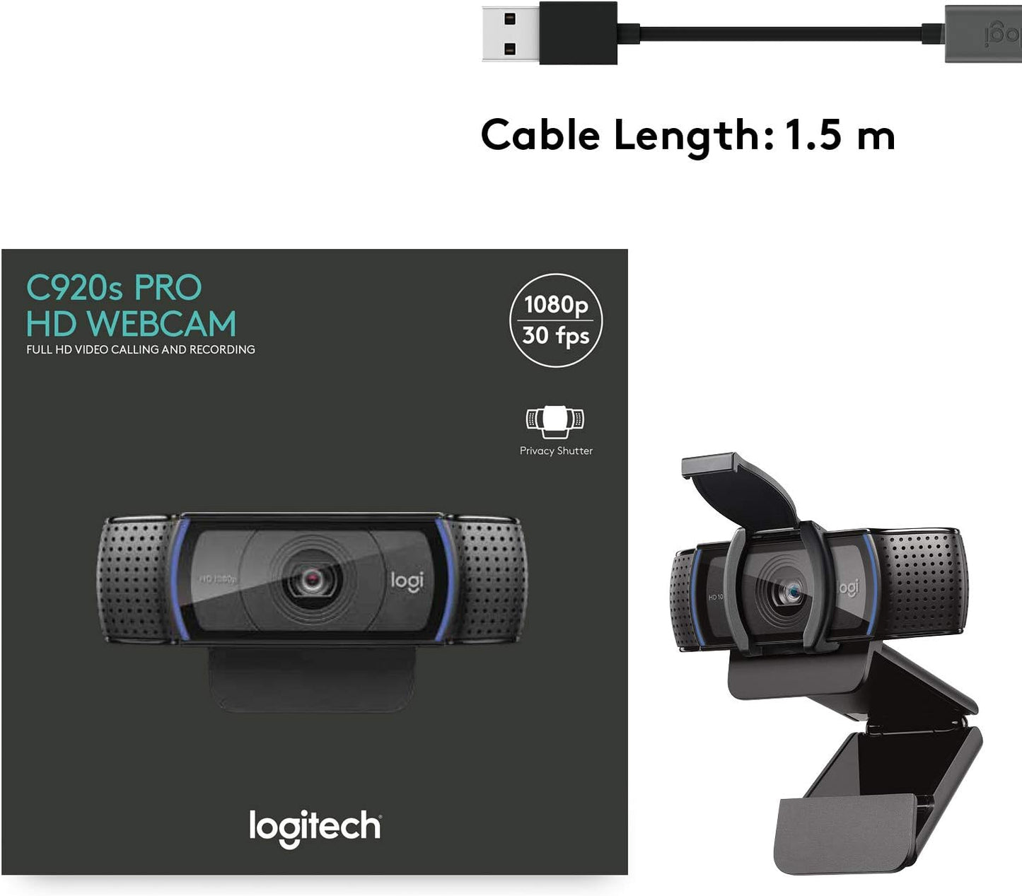 Logitech C920S HD Pro Webcam with Privacy Shutter - Widescreen Video Calling and Recording, 1080p Streaming Camera, Desktop or Laptop Webcam