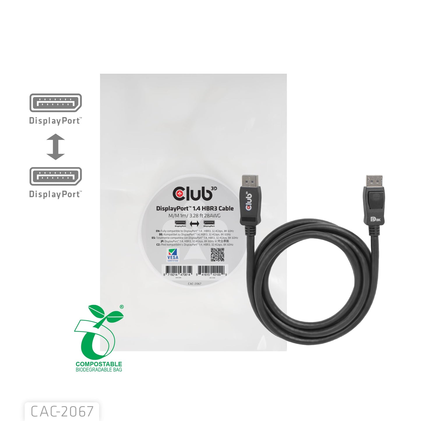 Club3D CAC-2068 VESA Certified DisplayPort to DisplayPort 1.4/Hbr3 M/M Cable DP 1.4 8K 60Hz 2m - 6,56ft