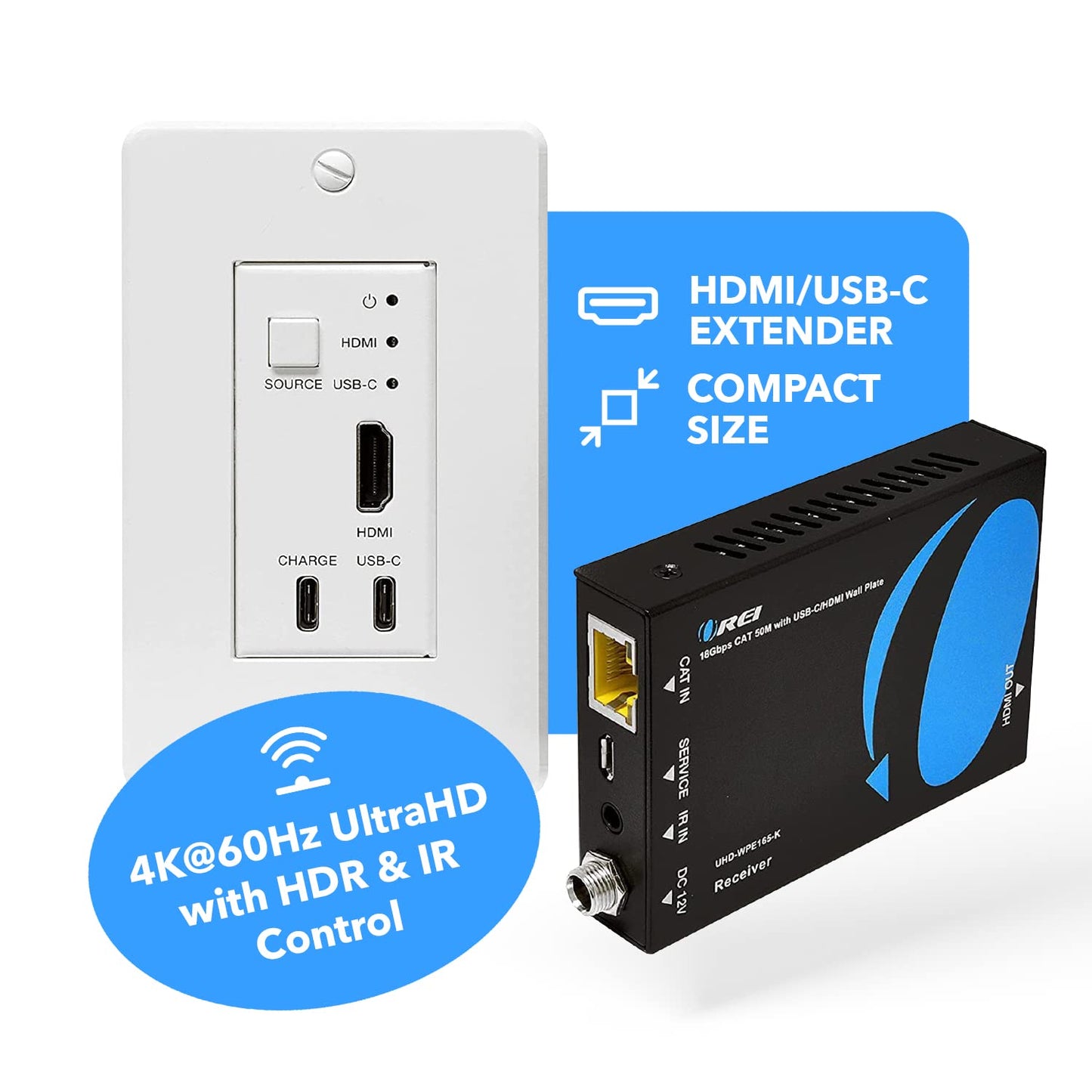 OREI 4K HDMI Extender over ethernet CAT5/CAT6/CAT7 Up To 165 Feet At 1080@60hz - HDMI 1.4 & HDCP 1.4 Compliant with One Way IR Pass Through, HDMI Loop Output & Power Over Cable