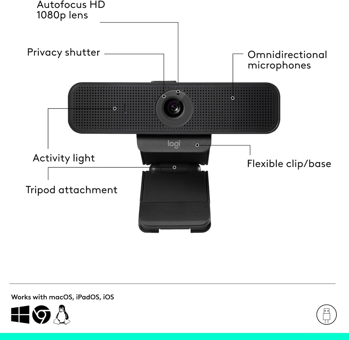 Logitech C925e Business Webcam, HD 1080p/30fps Video, Light Correction, Autofocus, Clear Audio, Privacy Shutter, Works with Microsoft Teams, Google Meet, Skype, WebEx, Cisco - Black