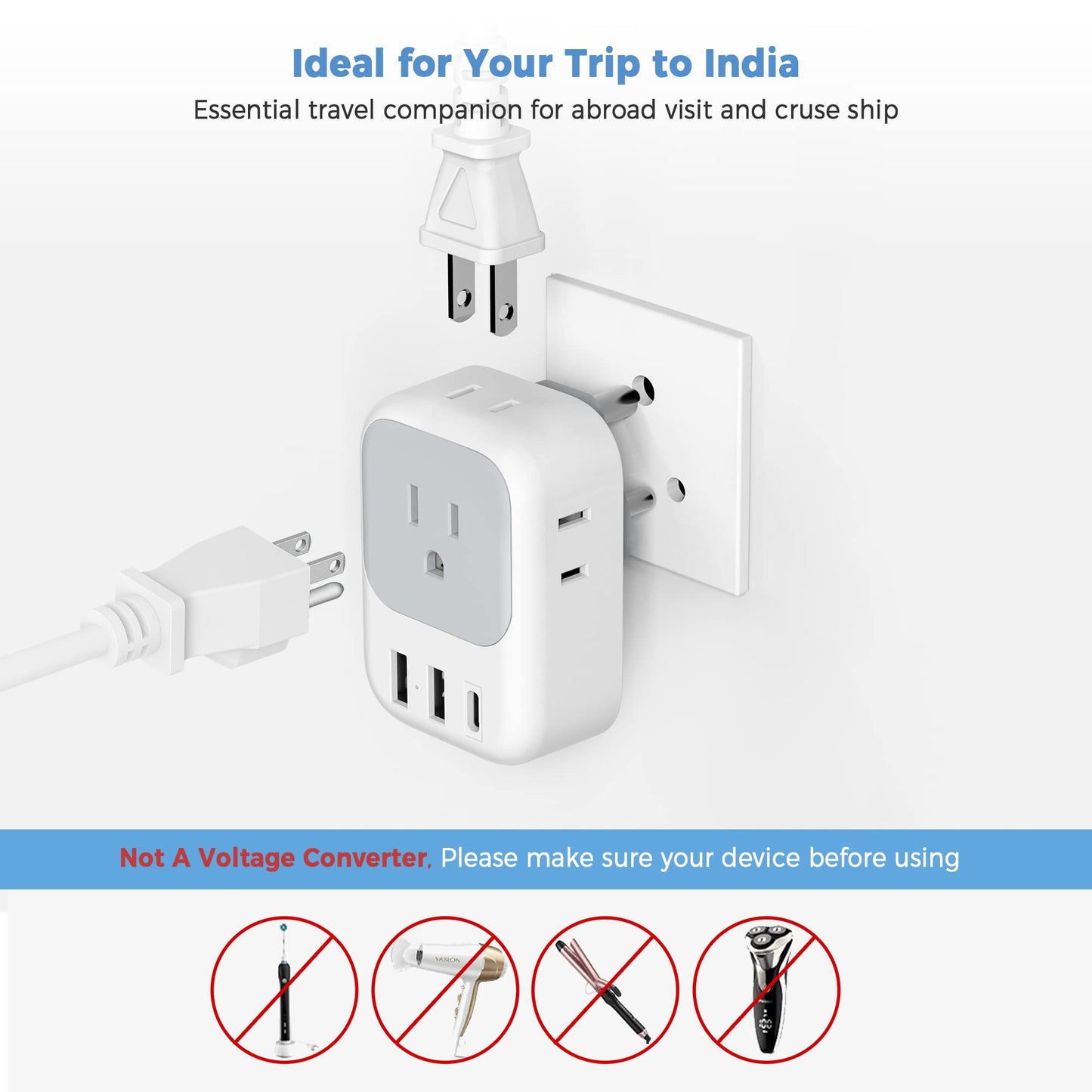 2 Pack European Plug Adapter USB C, TESSAN US to Europe Adapter 4 Outlets 3 USB Charger, Type C International Power Adaptor to Italy Spain France Portugal Iceland Germany, Europe Travel Essentials