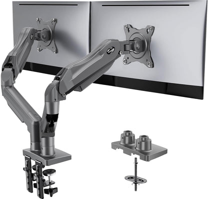 HUANUO FlowLift™ Dual Monitor Stand, Fully Adjustable Gaming Monitor Desk Mount for 13–32″ Computer Screens, Full Motion VESA 75x75/100x100 with C-Clamp & Grommet Base, Each Arm Holds 4.4 to 19.8 lbs