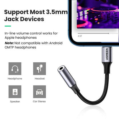 UGREEN Headphone Adapter for iPhone Lightning to 3.5mm Adapter Apple MFi Certified Lightning Aux Audio Jack Dongle Compatible with iPhone 14 Pro Max/14 Plus/13 12 11 Pro Max/SE/XS, Grey