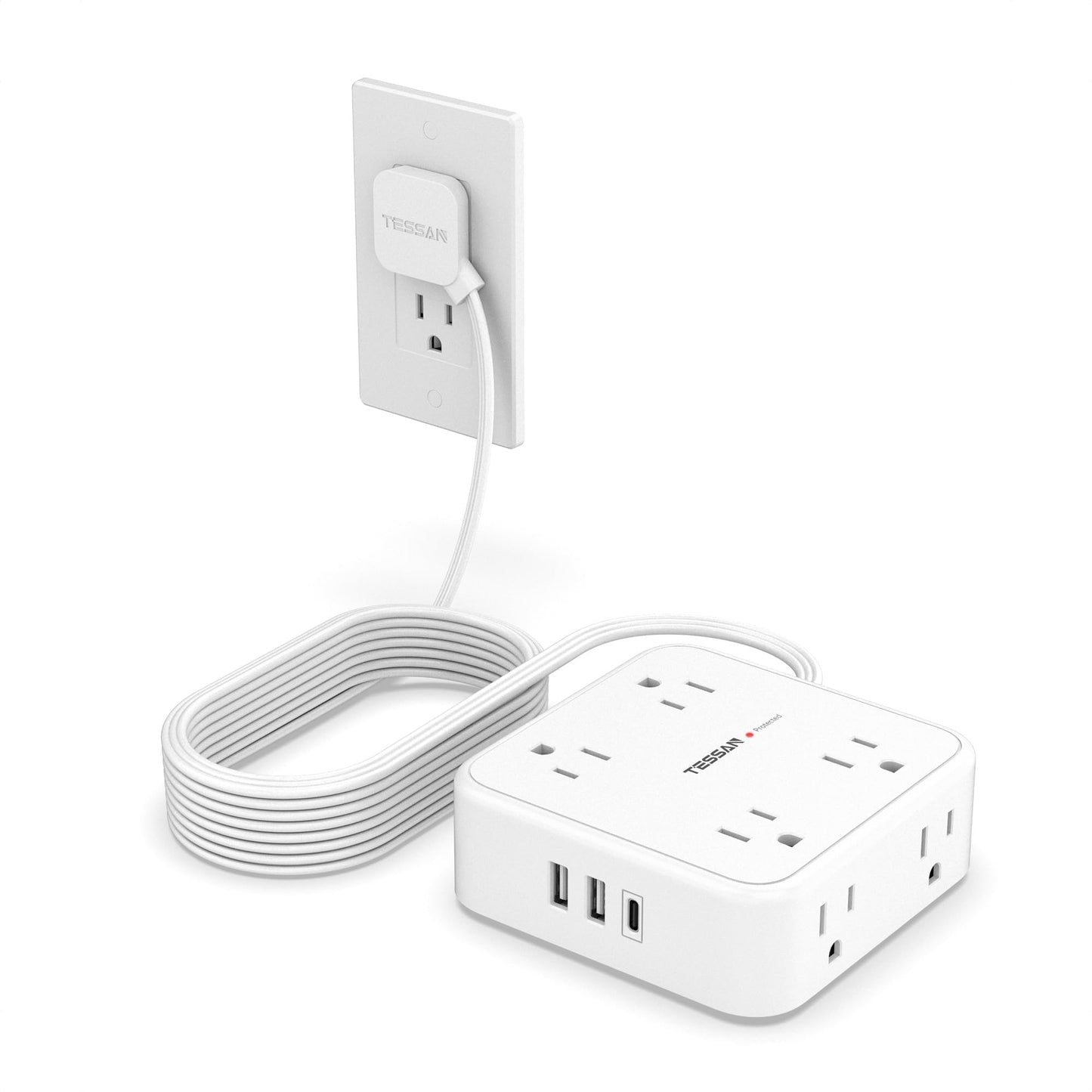 TESSAN Surge Protector Power Strip, 5 Ft Flat Plug Extension Cord with 3 USB (1 USB C) 8 Outlets, 1250W, 900J Protection, 3 Sided Outlet Extender with Power Switch for Office, Dorm Room, Grey