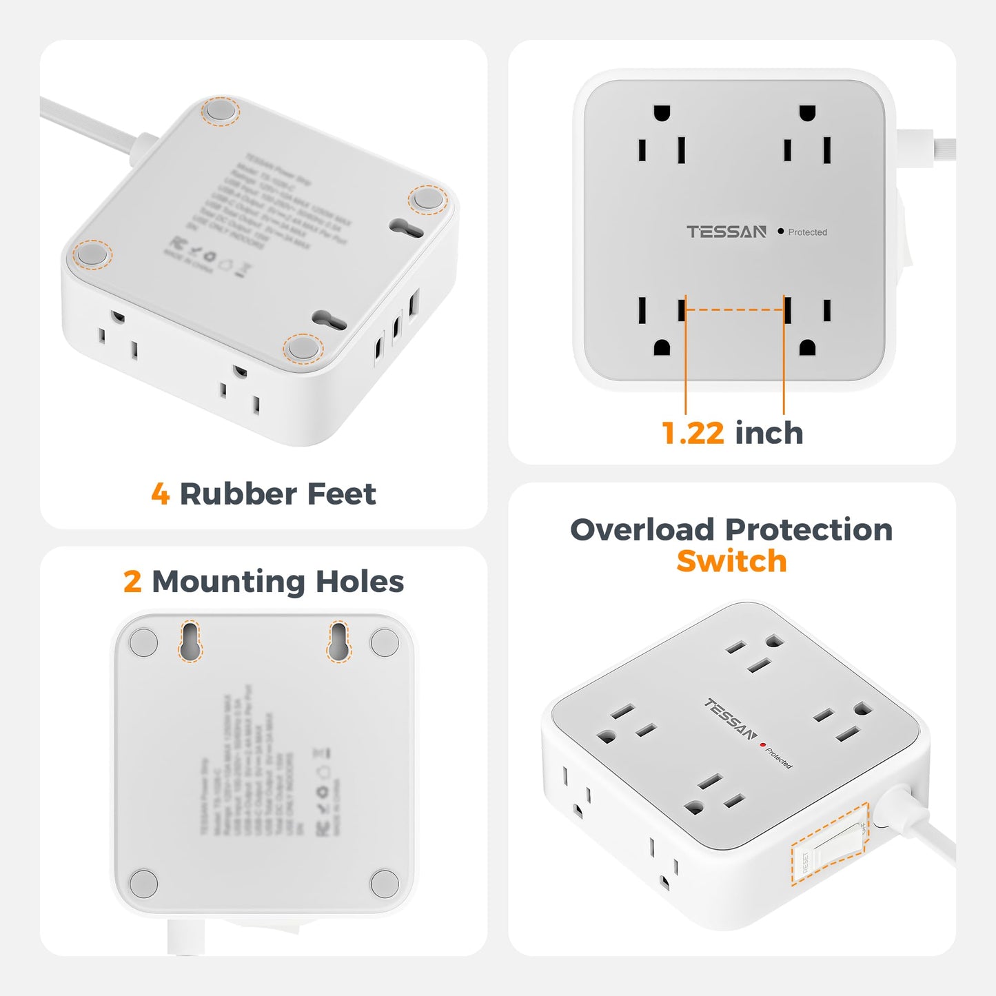 TESSAN Surge Protector Power Strip, 5 Ft Flat Plug Extension Cord with 3 USB (1 USB C) 8 Outlets, 1250W, 900J Protection, 3 Sided Outlet Extender with Power Switch for Office, Dorm Room, Grey