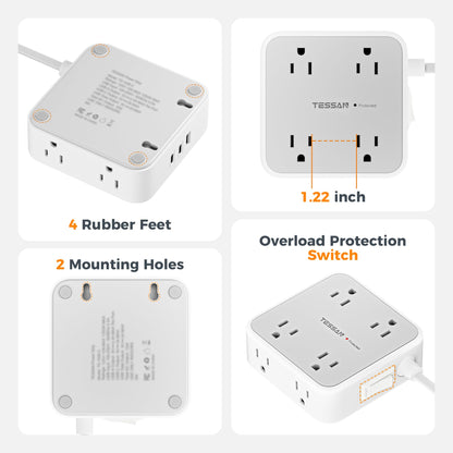 TESSAN Surge Protector Power Strip, 5 Ft Flat Plug Extension Cord with 3 USB (1 USB C) 8 Outlets, 1250W, 900J Protection, 3 Sided Outlet Extender with Power Switch for Office, Dorm Room, Grey