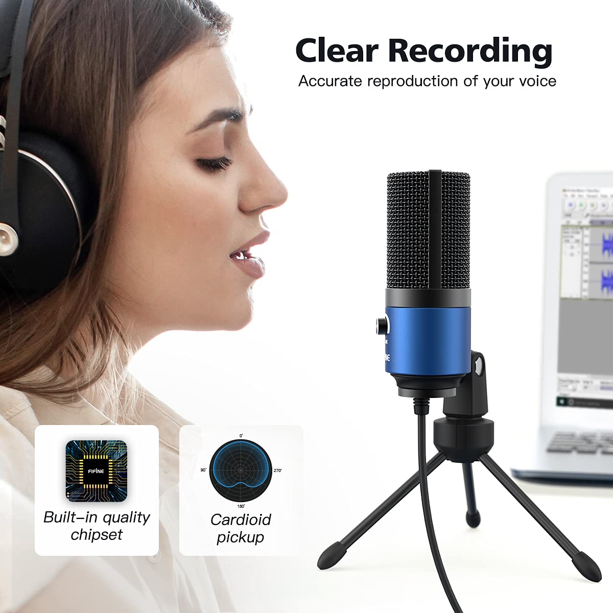 FIFINE USB Microphone, Metal Condenser Recording Microphone for MAC OS, Windows, Cardioid Laptop Mic for Recording Vocals, Voice Overs, Streaming, Meeting and YouTube Videos-K669B