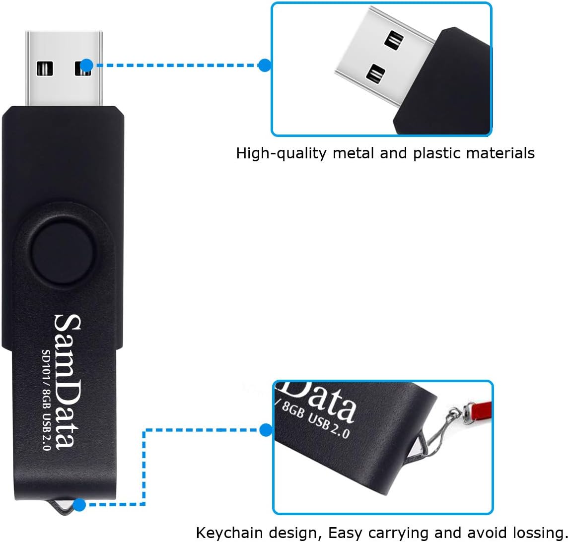 SamData USB Flash Drive 8GB 1 Pack USB 2.0 Thumb Drive Swivel Memory Stick Data Storage Jump Drive Zip Drive Drive with Led Indicator (Black, 8GB-1Pack)