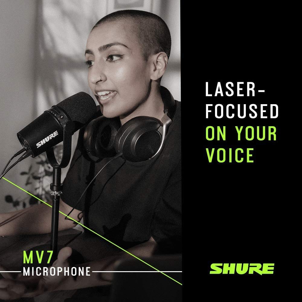 Shure MV7 USB Podcast Microphone for Podcasting, Recording, Live Streaming & Gaming, Built-in Headphone Output, All Metal USB/XLR Dynamic Mic, Voice-Isolating Technology, TeamSpeak Certified - Black