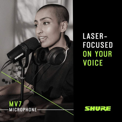 Shure MV7 USB Podcast Microphone for Podcasting, Recording, Live Streaming & Gaming, Built-in Headphone Output, All Metal USB/XLR Dynamic Mic, Voice-Isolating Technology, TeamSpeak Certified - Black