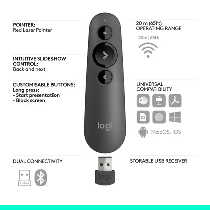 Logitech Wireless Presenter R800, PowerPoint Clicker with Green Laser Pointer, Wireless Presentation Clicker Remote