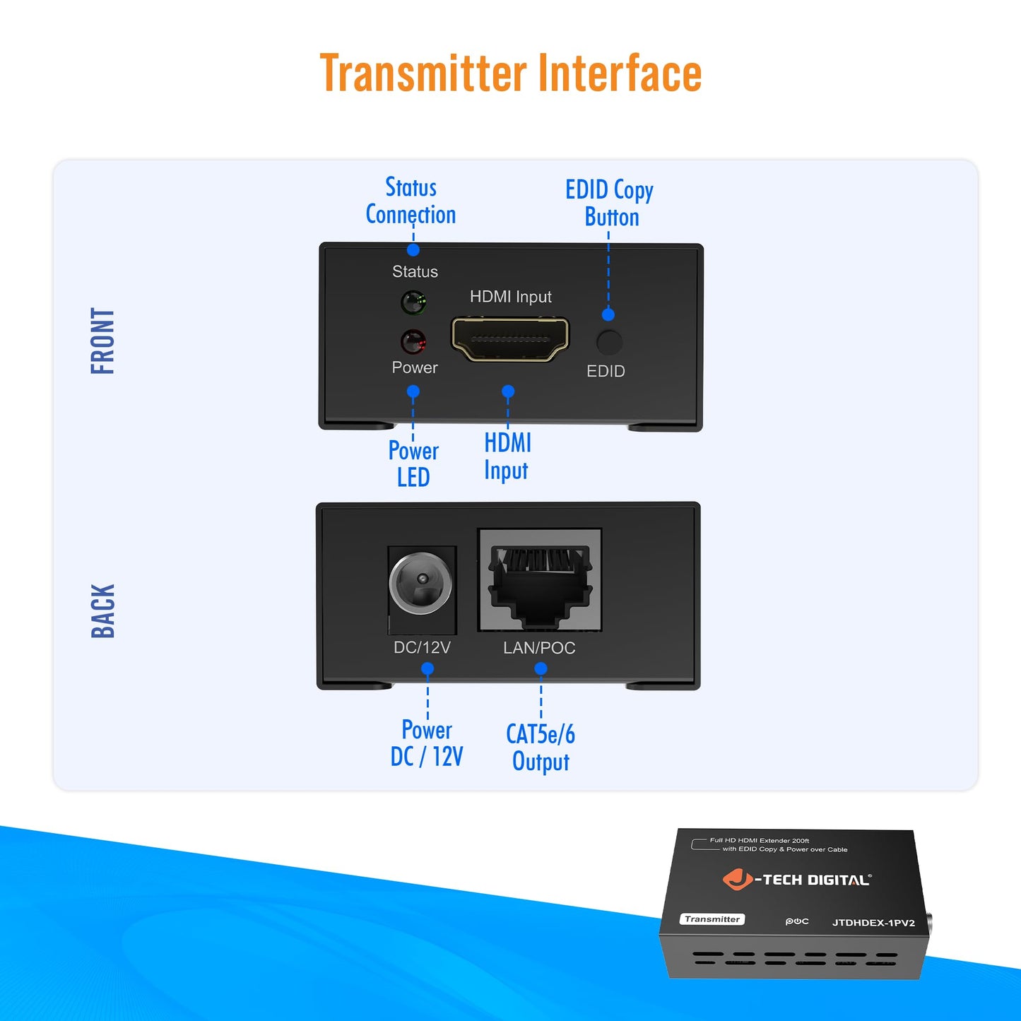 J-Tech Digital HDMI Extender over cat5e/6 1080P@200ft HDMI Balun Over Single Ethernet Supports EDID Copy Compatible with Dolby Digital DTS