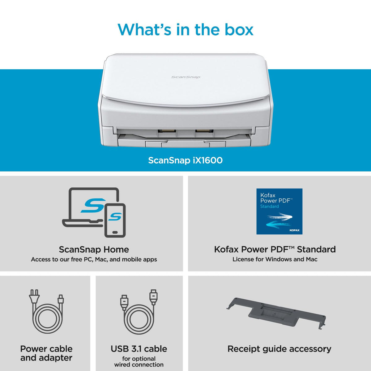 ScanSnap iX1600 Wireless or USB High-Speed Cloud Enabled Document, Photo & Receipt Scanner with Large Touchscreen and Auto Document Feeder for Mac or PC, 17 watts, Black