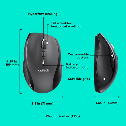 Logitech M720 Triathlon Multi-Device Wireless Mouse, Bluetooth, USB Unifying Receiver, 1000 DPI, 6 Programmable Buttons, 2-Year Battery, Compatible with Laptop, PC, Mac, iPadOS - Black