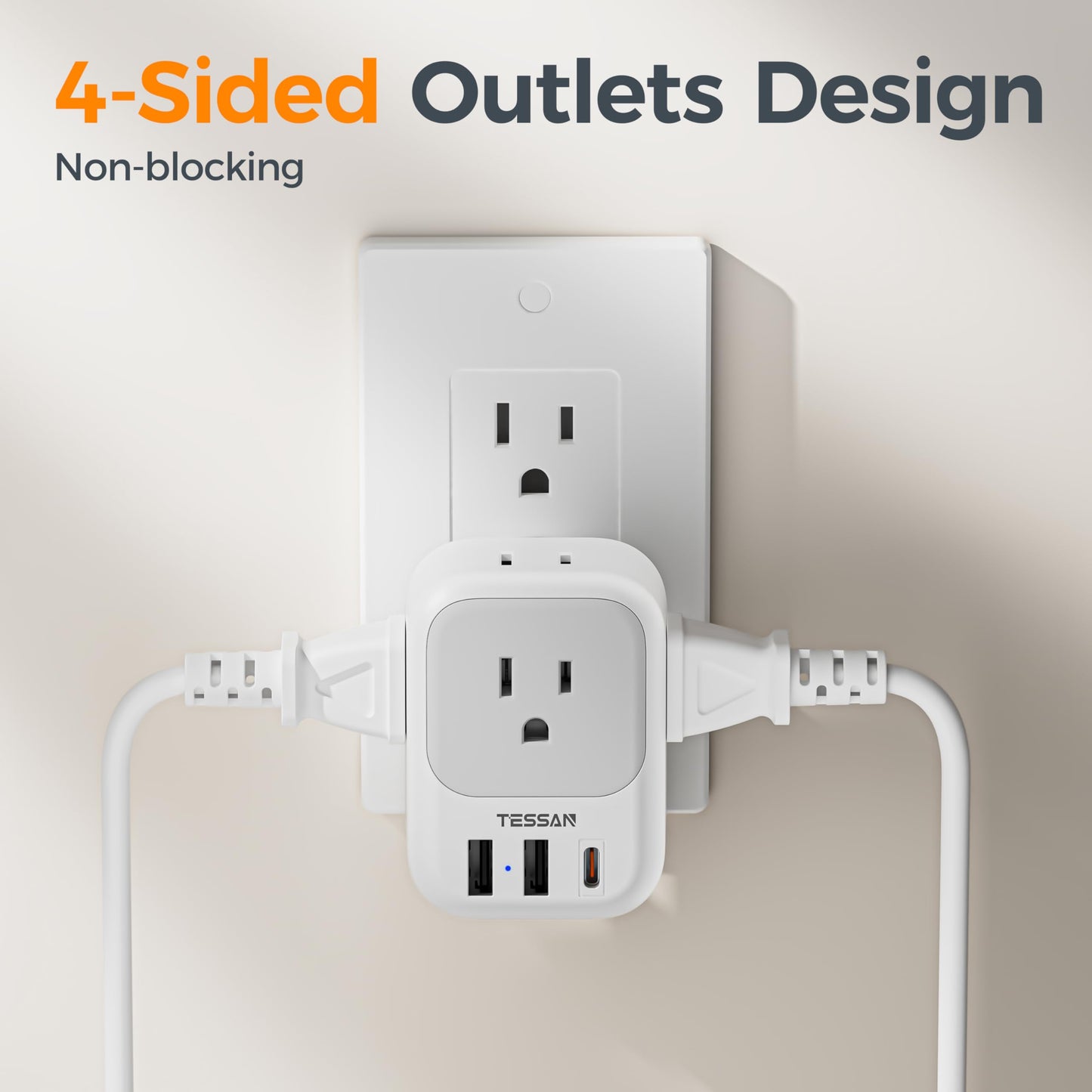 USB C Charger Block 20W, TESSAN PD Fast Charging Adapter with Foldable Plug, 1875W Power Outlet Extender(4 AC and 4 USB) for Cruise, Home, Office, Dorm