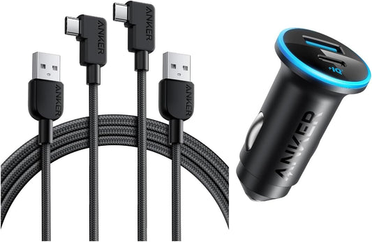 Anker USB C Cable Right Angle, 2-Pack 6 ft USB-A to 90 Degree USB-C Braided Charging Cord, Durable Type C Cable&USB C Car Charger Adapter, Anker 52.5W Cigarette Lighter USB Charger, 323 Anker Car Char