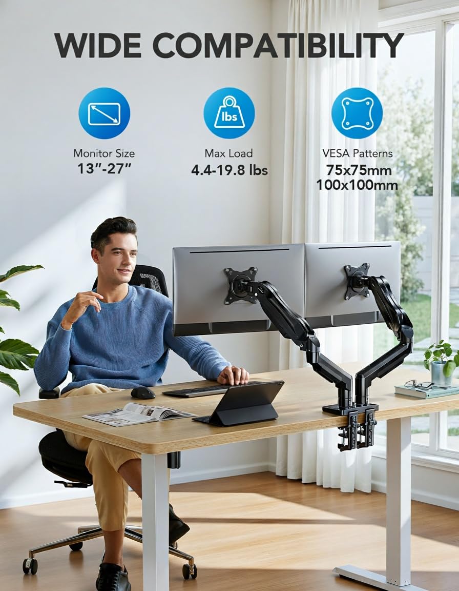 HUANUO FlowLift™ Dual Monitor Stand, Fully Adjustable Gaming Monitor Desk Mount for 13–32″ Computer Screens, Full Motion VESA 75x75/100x100 with C-Clamp & Grommet Base, Each Arm Holds 4.4 to 19.8 lbs