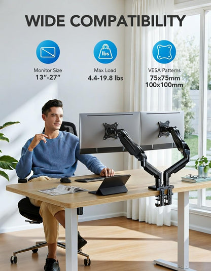 HUANUO FlowLift™ Dual Monitor Stand, Fully Adjustable Gaming Monitor Desk Mount for 13–32″ Computer Screens, Full Motion VESA 75x75/100x100 with C-Clamp & Grommet Base, Each Arm Holds 4.4 to 19.8 lbs