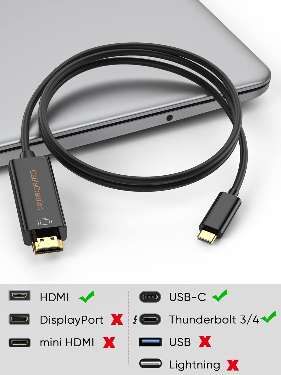CableCreation USB C to HDMI Cable 6FT Male to Male, Thunderbolt 3/4 Compatible for Home Office, 4K High Speed for Galaxy S24/S24 Ultra/S24+/MacBook Pro/Air/M1,iPad Pro and More - Black